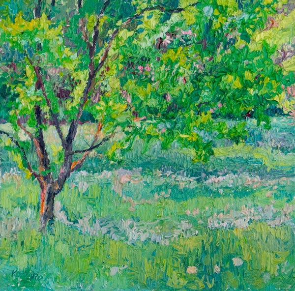 Sunlit tree and dandelions oil paintings